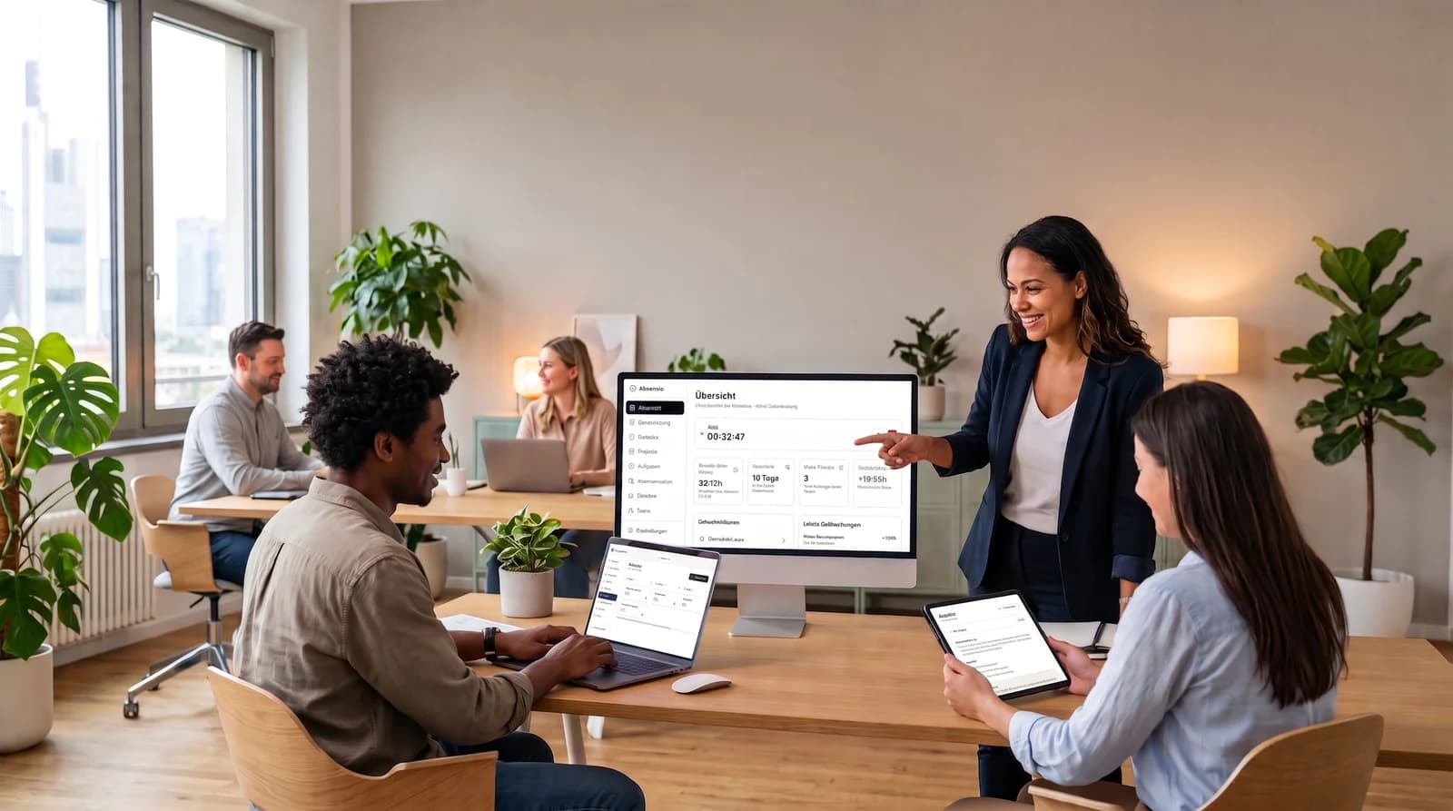 Team-Meeting vor einem Monitor mit dem Absensio-Dashboard